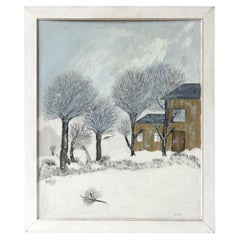 Paesaggio invernale innevato di arte popolare naif americana, pittura a olio originale d'epoca