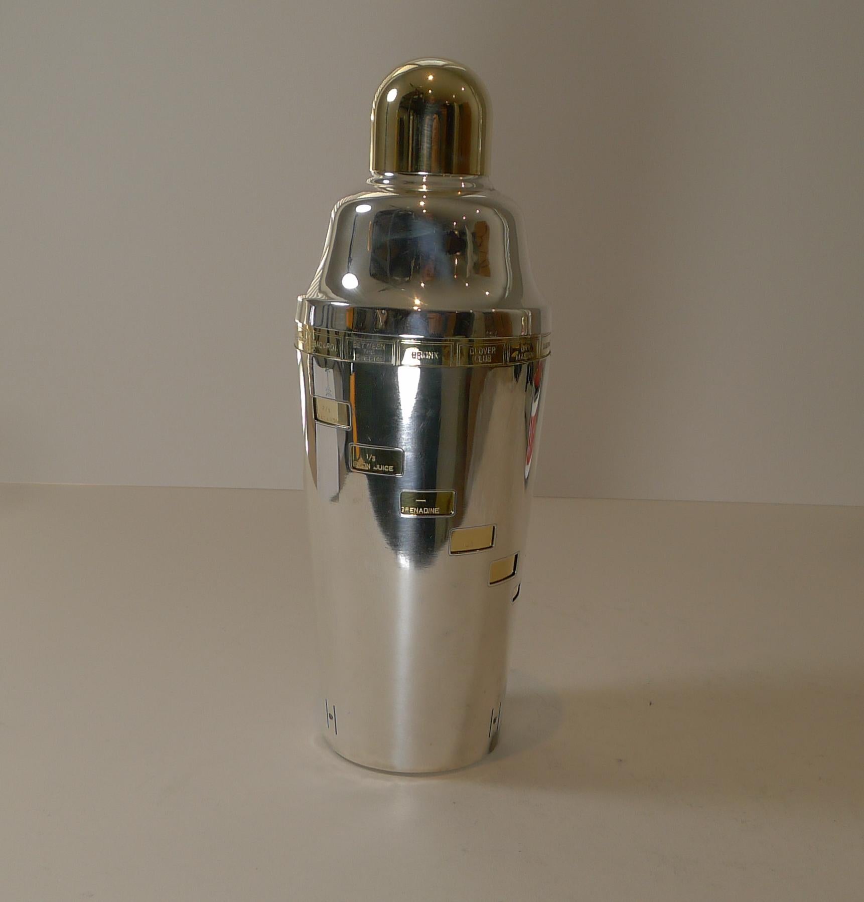 A magnificent original vintage 1930's recipe cocktail shaker just back from our silversmith having had all the gold and silver plating professionally restored and polished to create an outstanding example.

The shaker incorporates a gilded inner