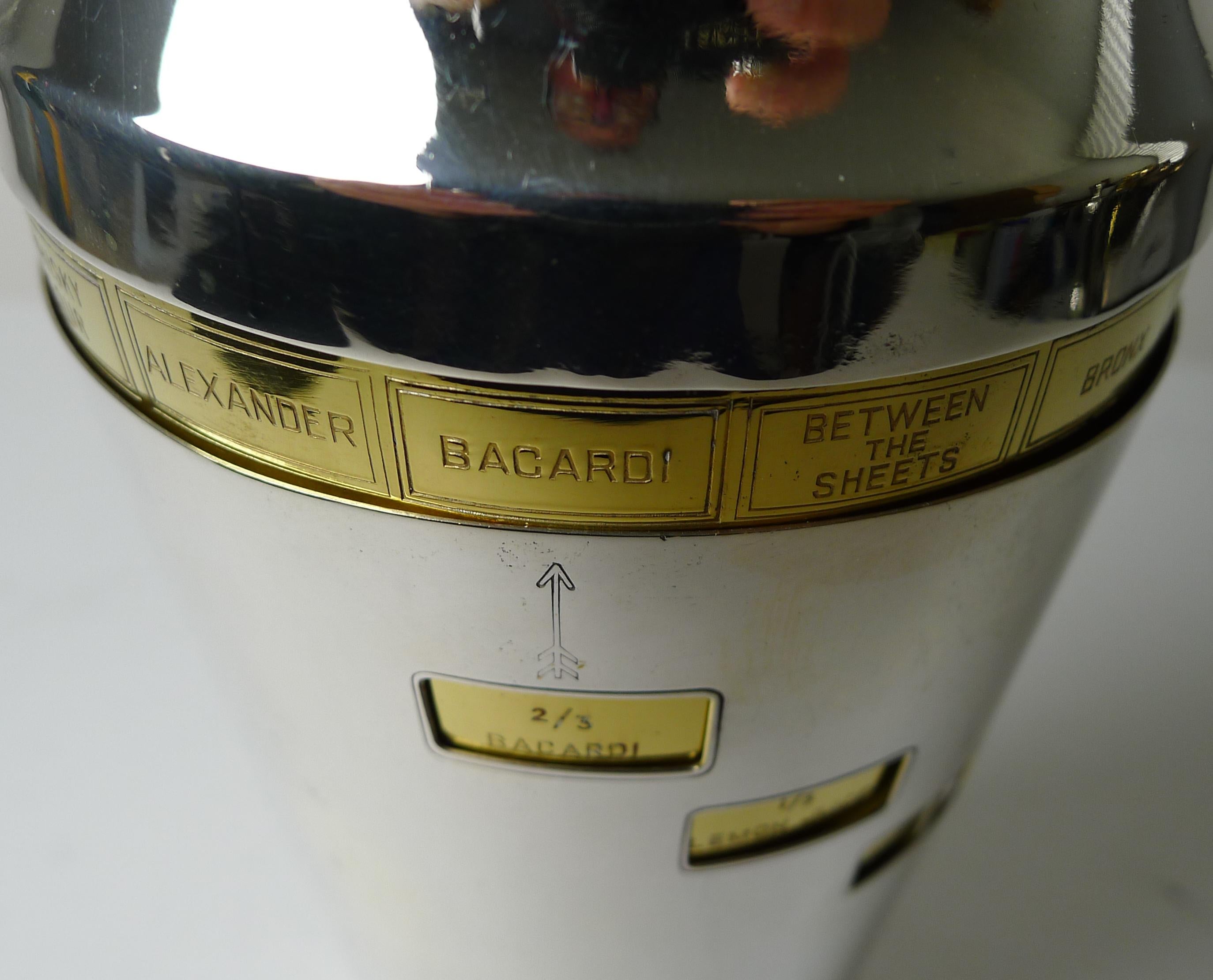 A magnificent original vintage 1930's recipe cocktail shaker just back from our silversmith having had all the gold and silver plating professionally restored and polished to create an outstanding example.

The shaker incorporates a gilded inner