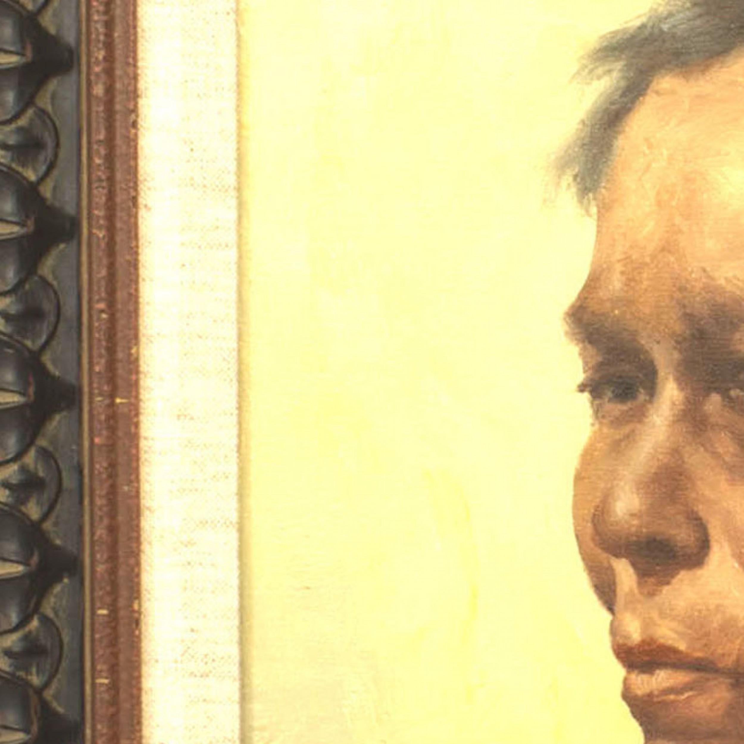 American oil painting of a portrait of an elderly Native American woman in a black decorated frame. (signed)