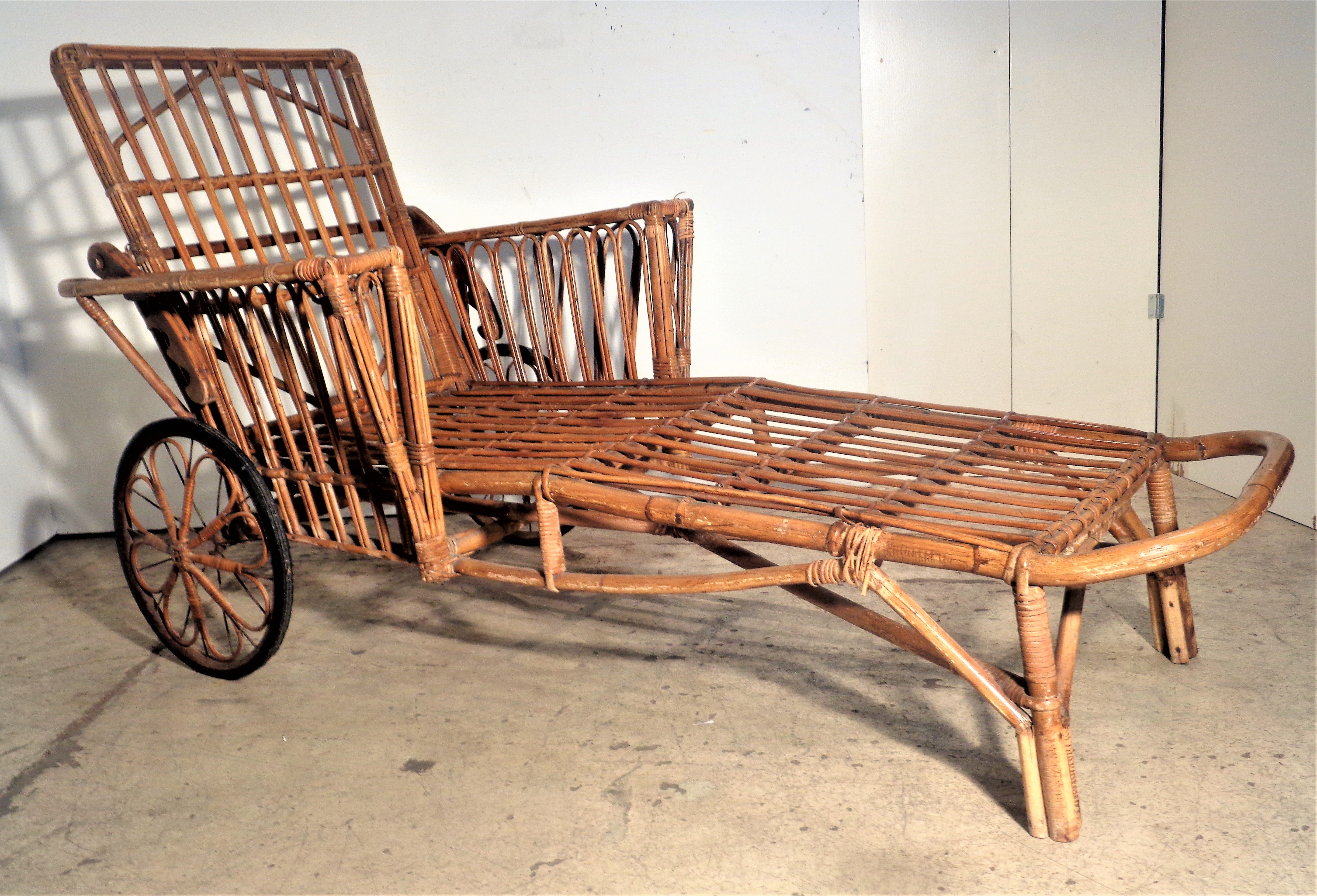 Hand-Woven  1930's American Stick Wicker Rattan Chaise Lounge