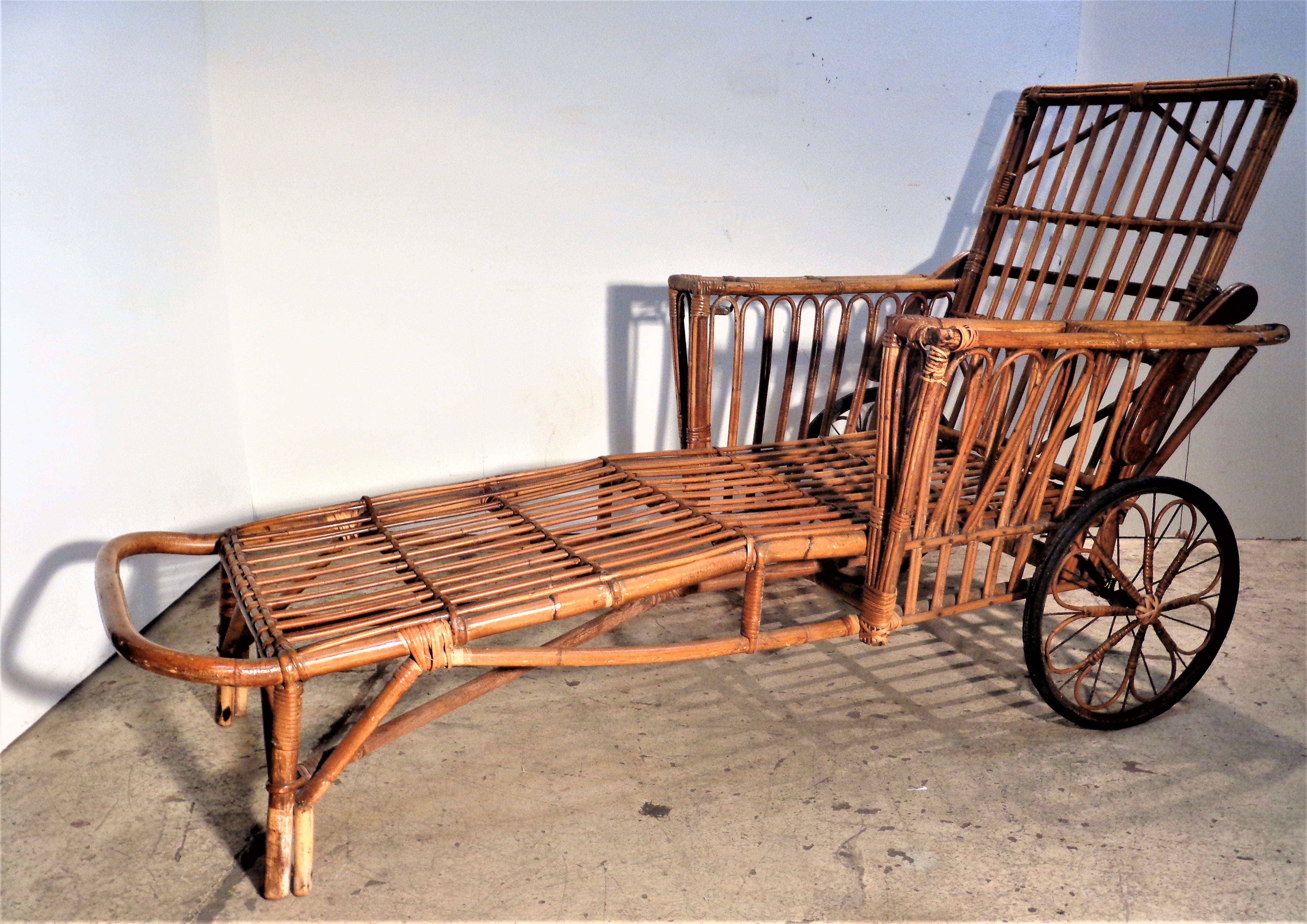 Mid-20th Century  1930's American Stick Wicker Rattan Chaise Lounge For Sale