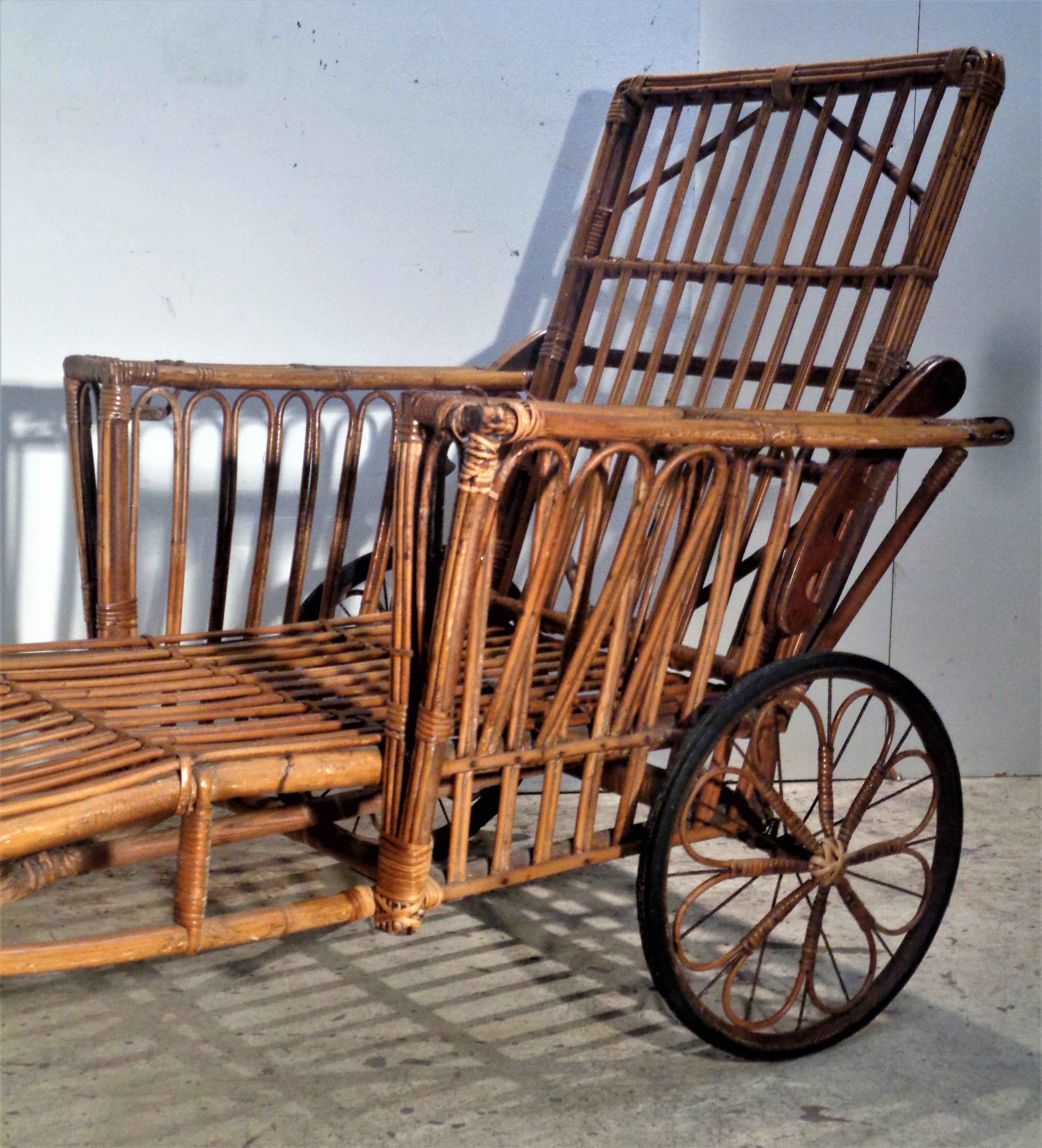 Metal  1930's American Stick Wicker Rattan Chaise Lounge For Sale