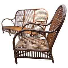 Vintage American Natural Stick Wicker Settee and Matching Armchair, Circa 1930