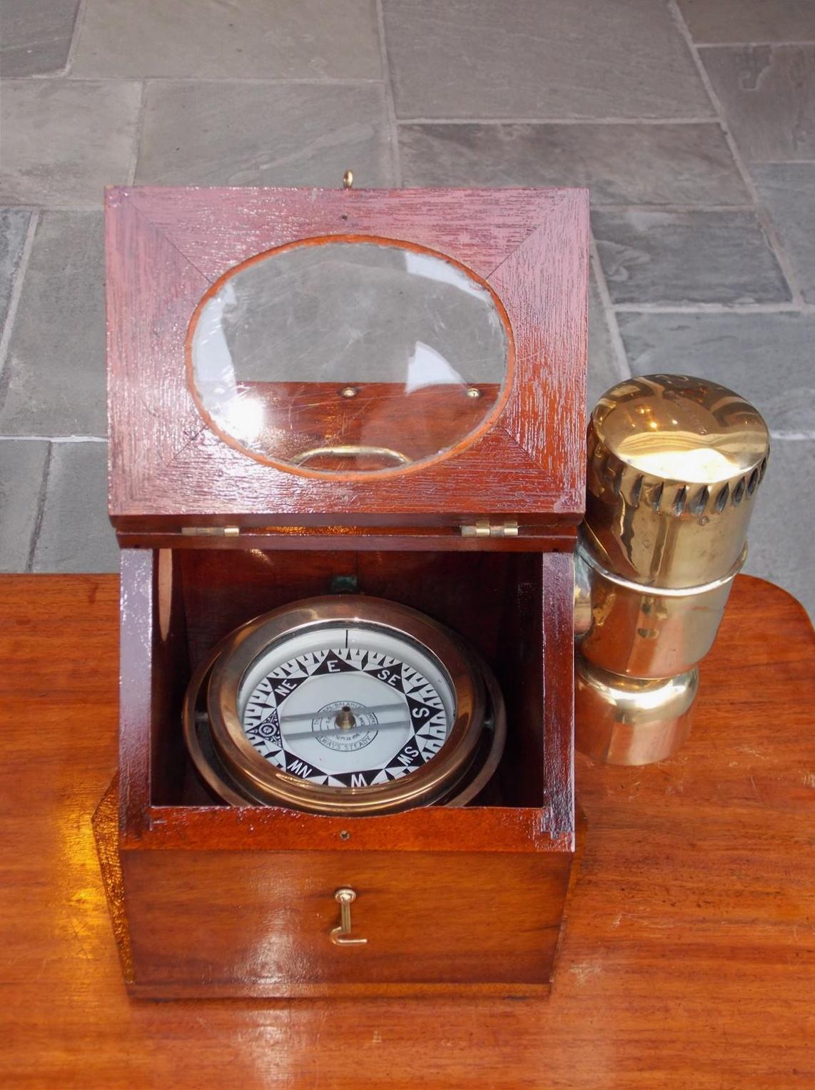 Hand-Carved American Nautical Brass Yacht Binnacle Mounted in Mahogany Case, Circa 1890 For Sale