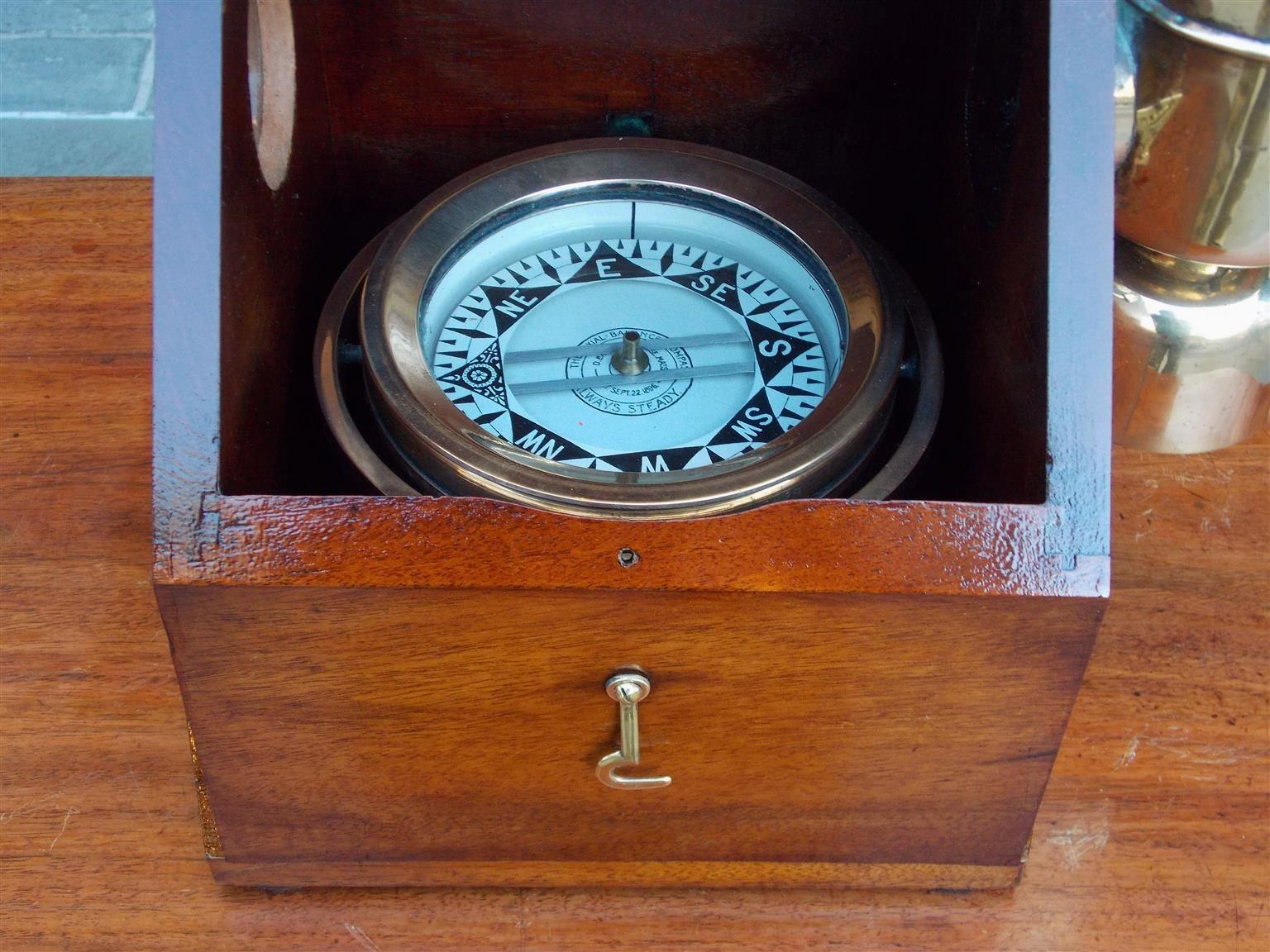 American Nautical Brass Yacht Binnacle Mounted in Mahogany Case, Circa 1890 In Excellent Condition For Sale In Hollywood, SC