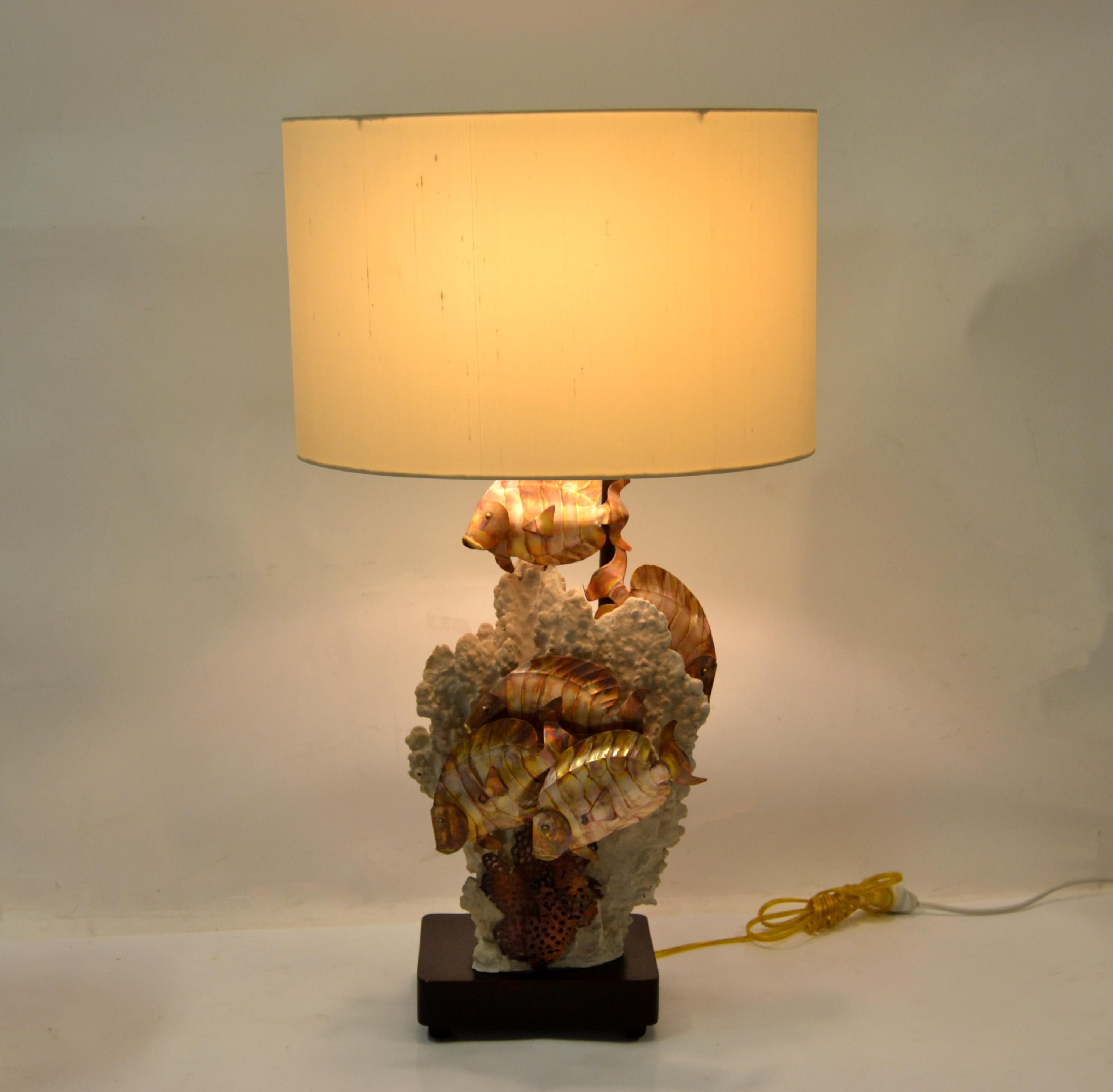 Brutalist American Nautical Hand-Crafted Coral Brass Fish Sculptural Table Lamp Modern For Sale