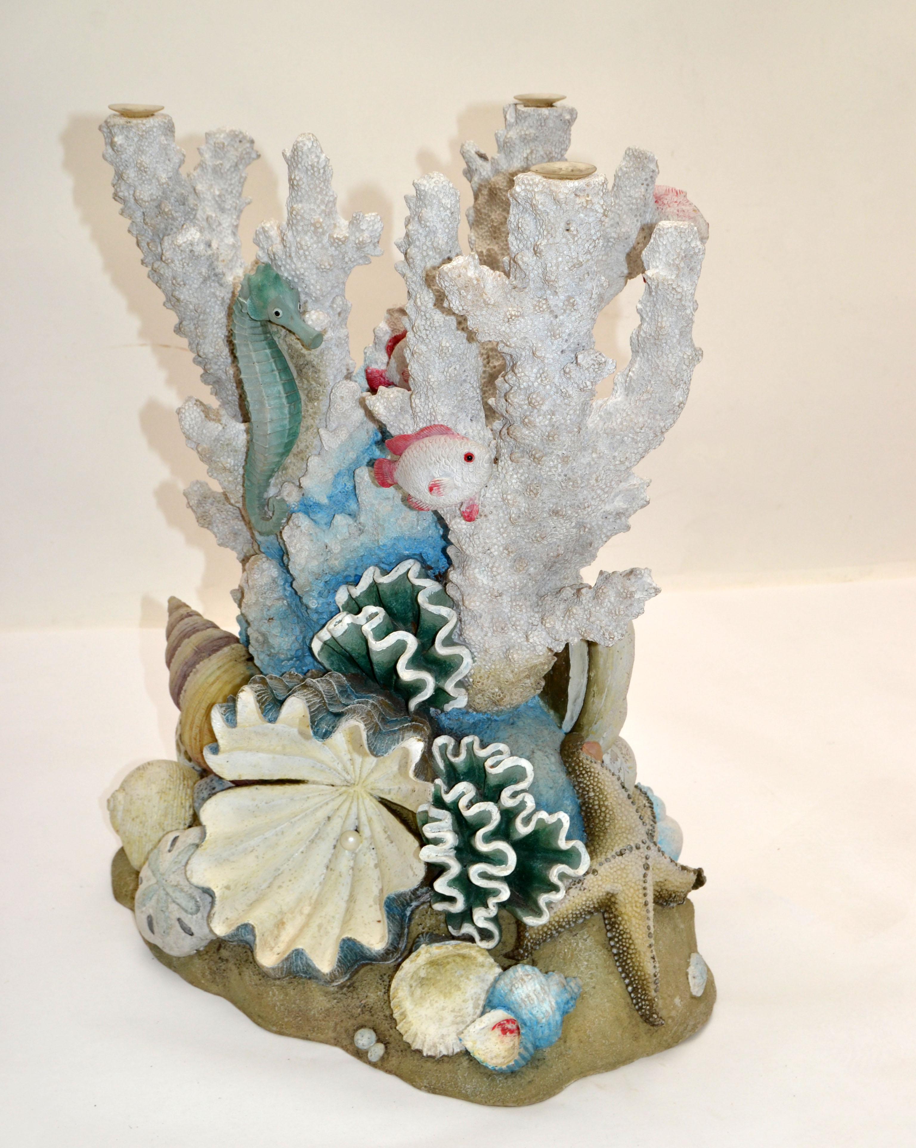 Late 20th Century American Nautical Hand Painted Plaster Sculptural Coral & Fish Coffee Table