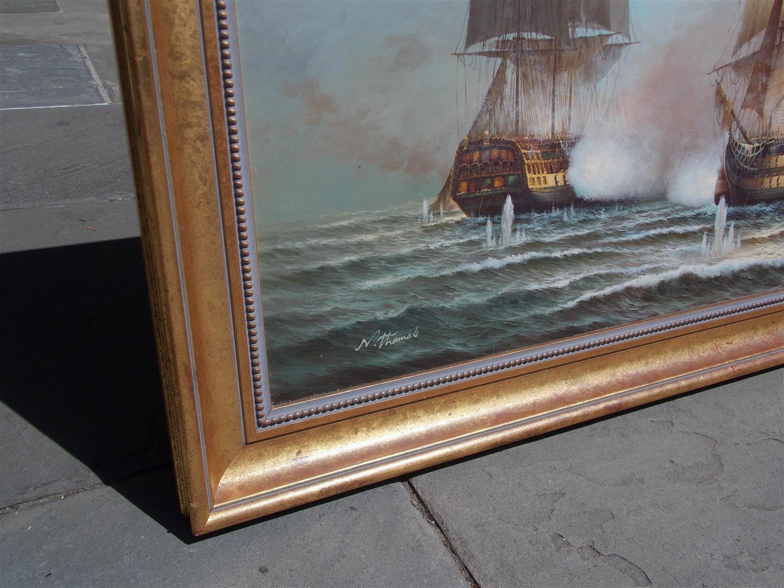 American Classical American Nautical Oil on Canvas Battling Ships at Sea, 20th Century, N. Thomas