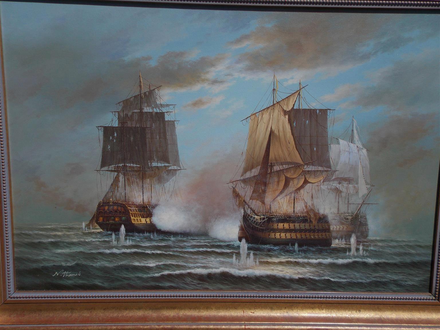 American Nautical Oil on Canvas Battling Ships at Sea, 20th Century, N. Thomas In Excellent Condition In Hollywood, SC