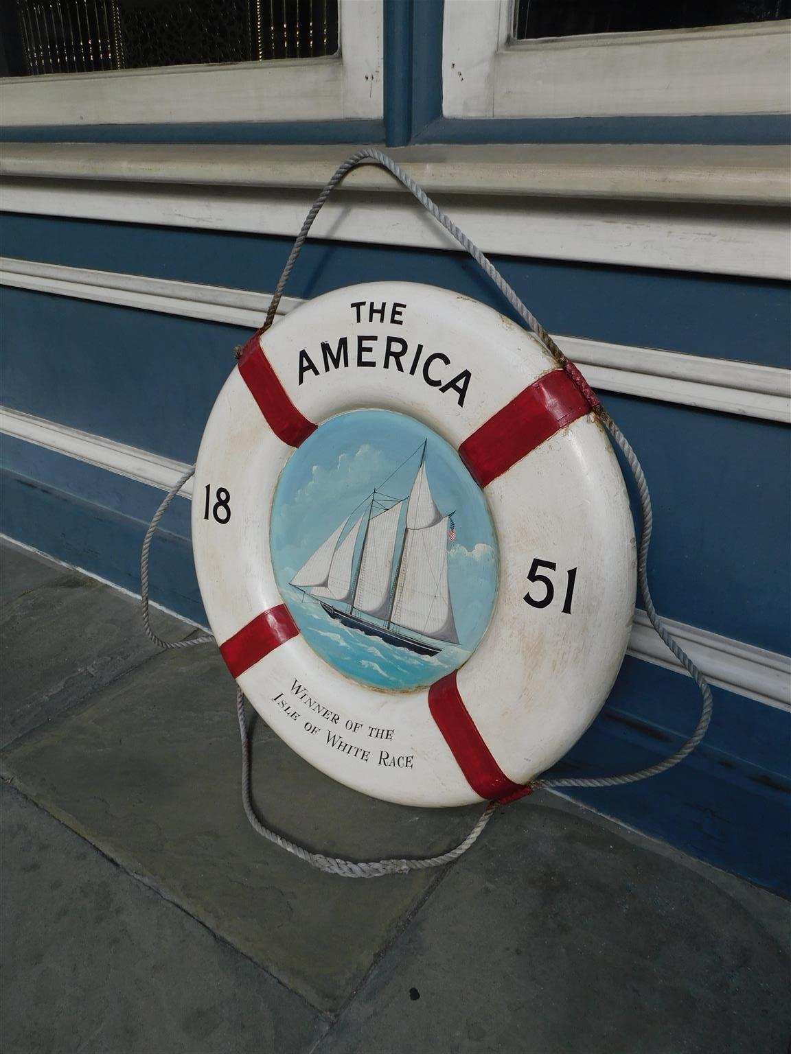 American Empire American Nautical Painted Life Ring with Sailing Vessel Isle of White Race, 1851