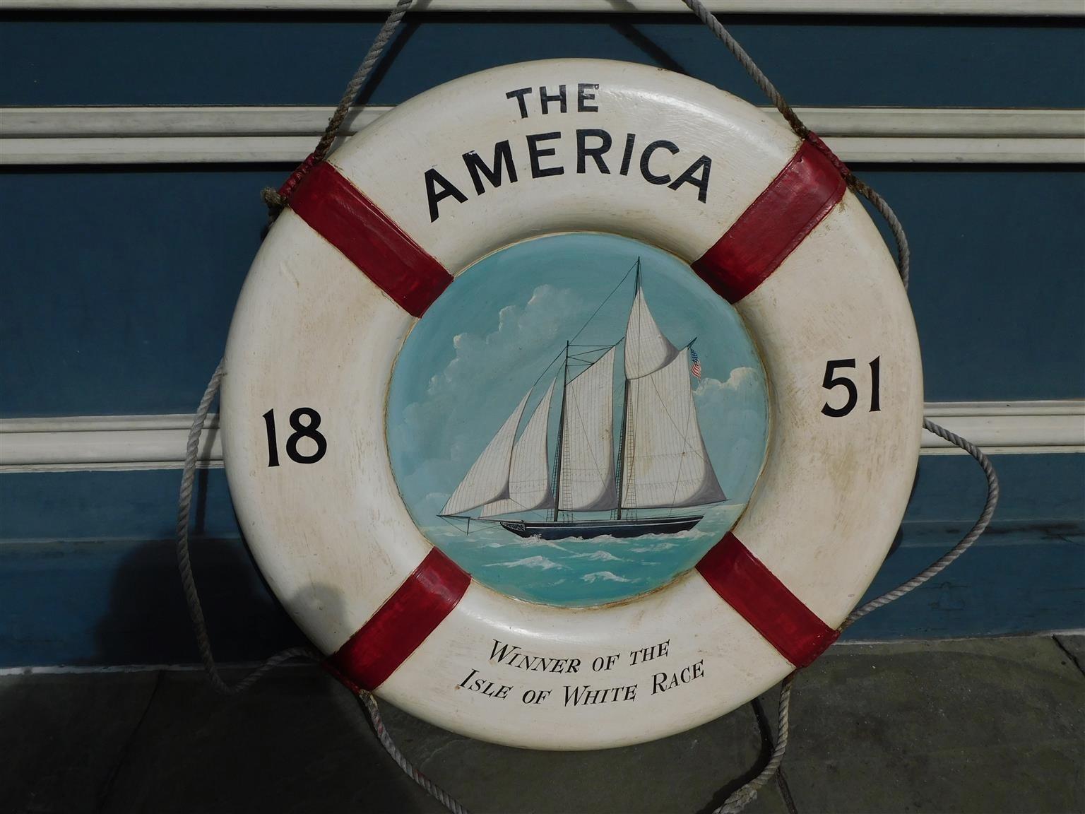 Hand-Carved American Nautical Painted Life Ring with Sailing Vessel Isle of White Race, 1851