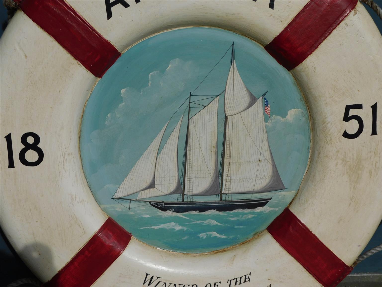 American Nautical Painted Life Ring with Sailing Vessel Isle of White Race, 1851 In Excellent Condition In Hollywood, SC