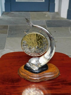 American Nautical Silver Plate & Brass Dolphin Horn Gong on Wood Base 20th Cent