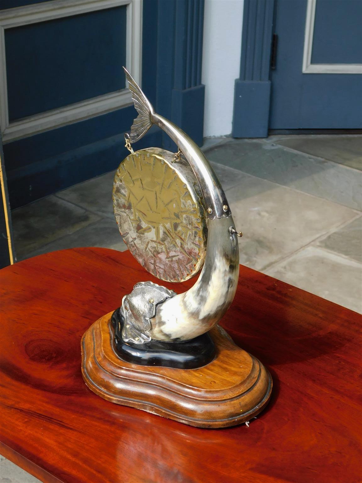 Hand-Carved American Nautical Silver Plate & Brass Dolphin Horn Gong on Wood Base 20th Cent For Sale