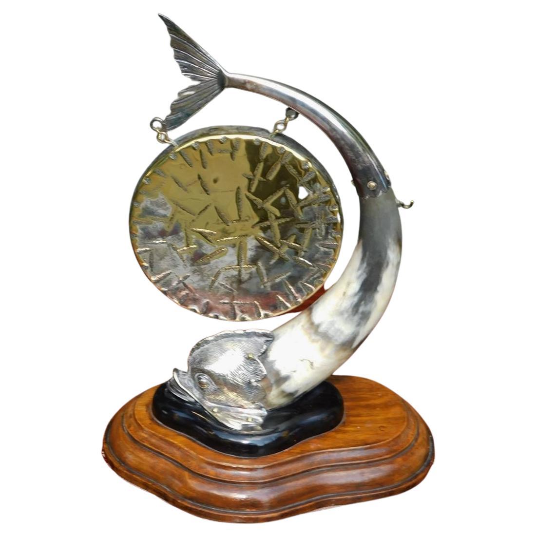 American Nautical Silver Plate & Brass Dolphin Horn Gong on Wood Base 20th Cent For Sale