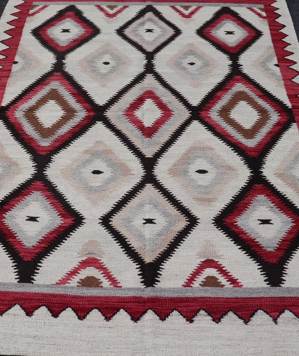 American Navajo Design Rug with Latticework Tribal Design in Red, Black and Gray For Sale 3