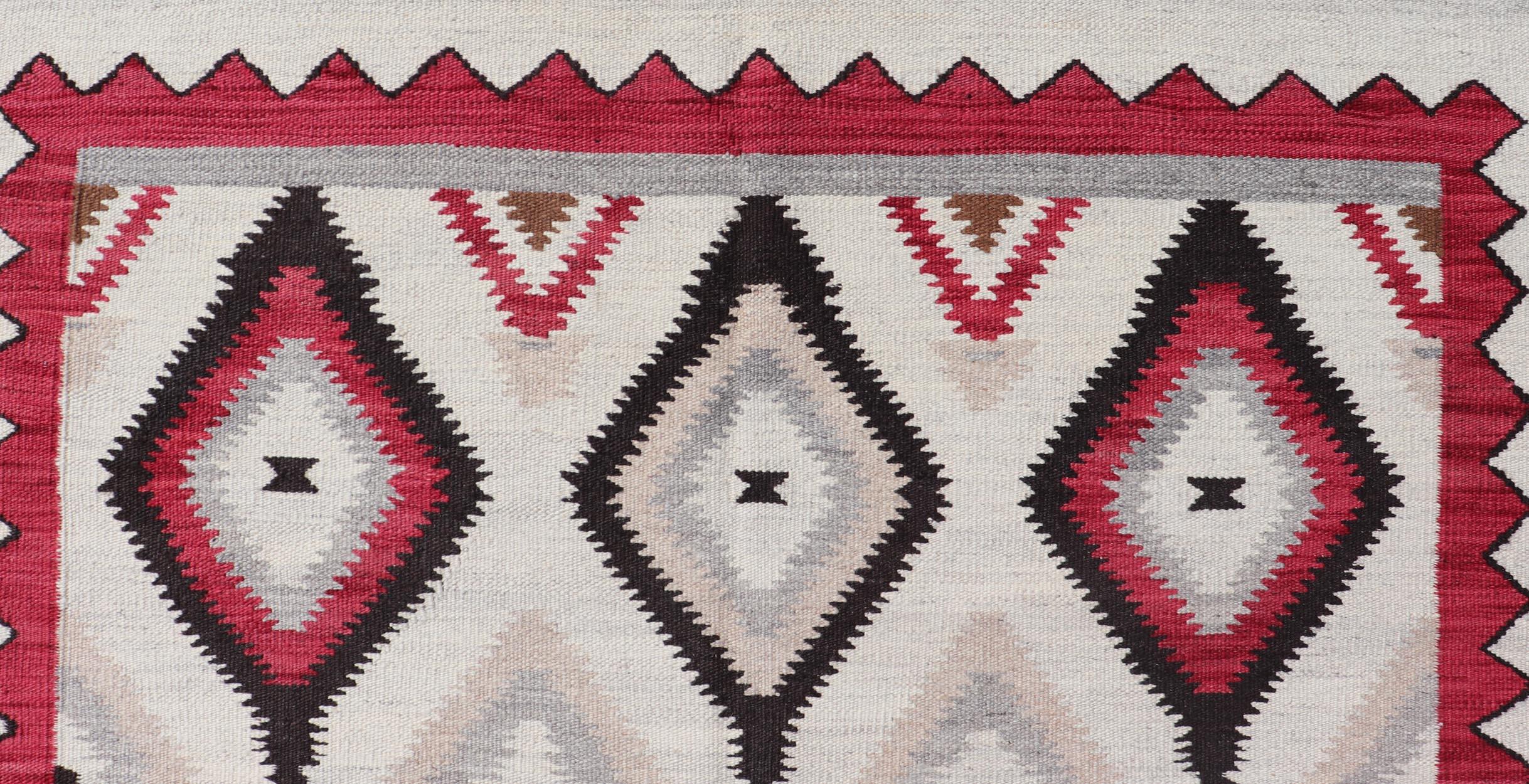 Hand-Woven American Navajo Design Rug with Latticework Tribal Design in Red, Black and Gray For Sale