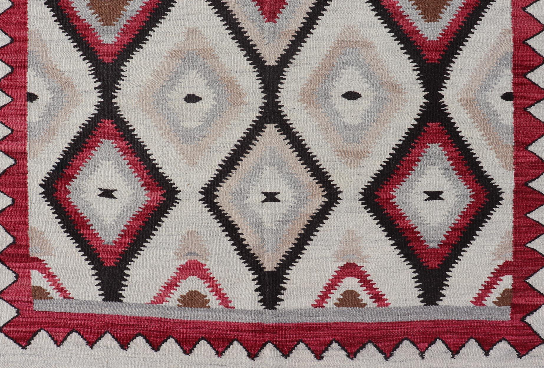 Contemporary American Navajo Design Rug with Latticework Tribal Design in Red, Black and Gray For Sale