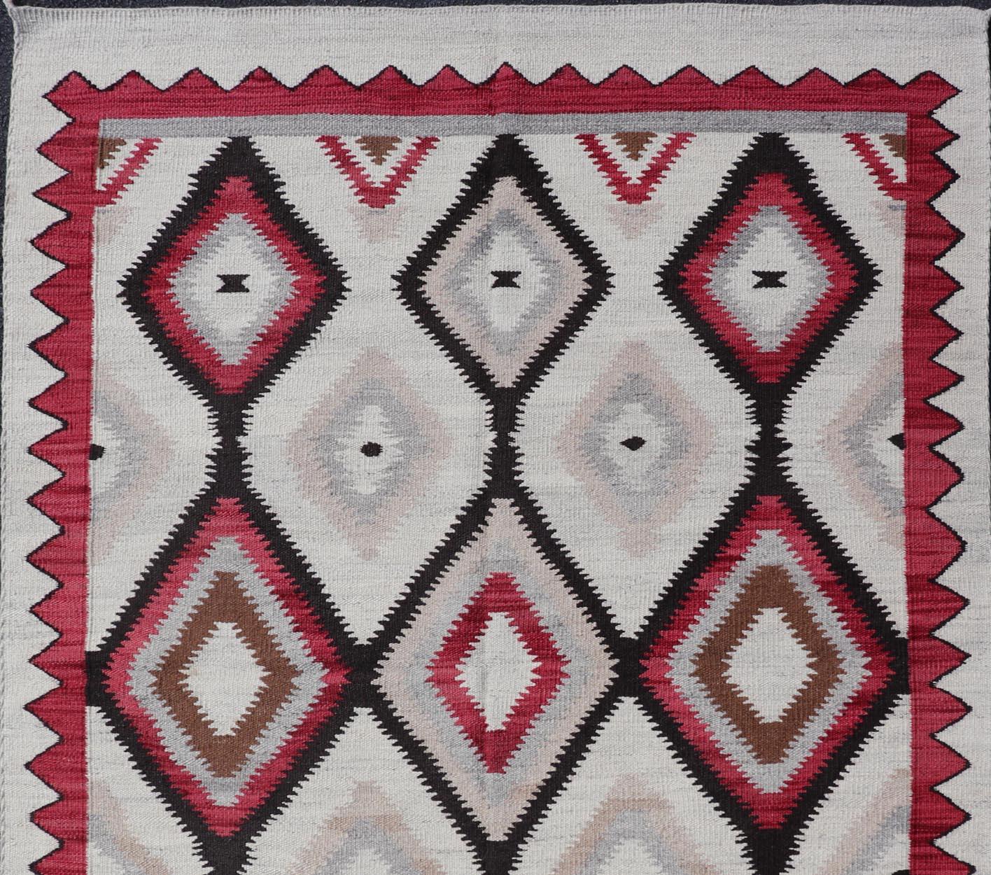 Wool American Navajo Design Rug with Latticework Tribal Design in Red, Black and Gray For Sale