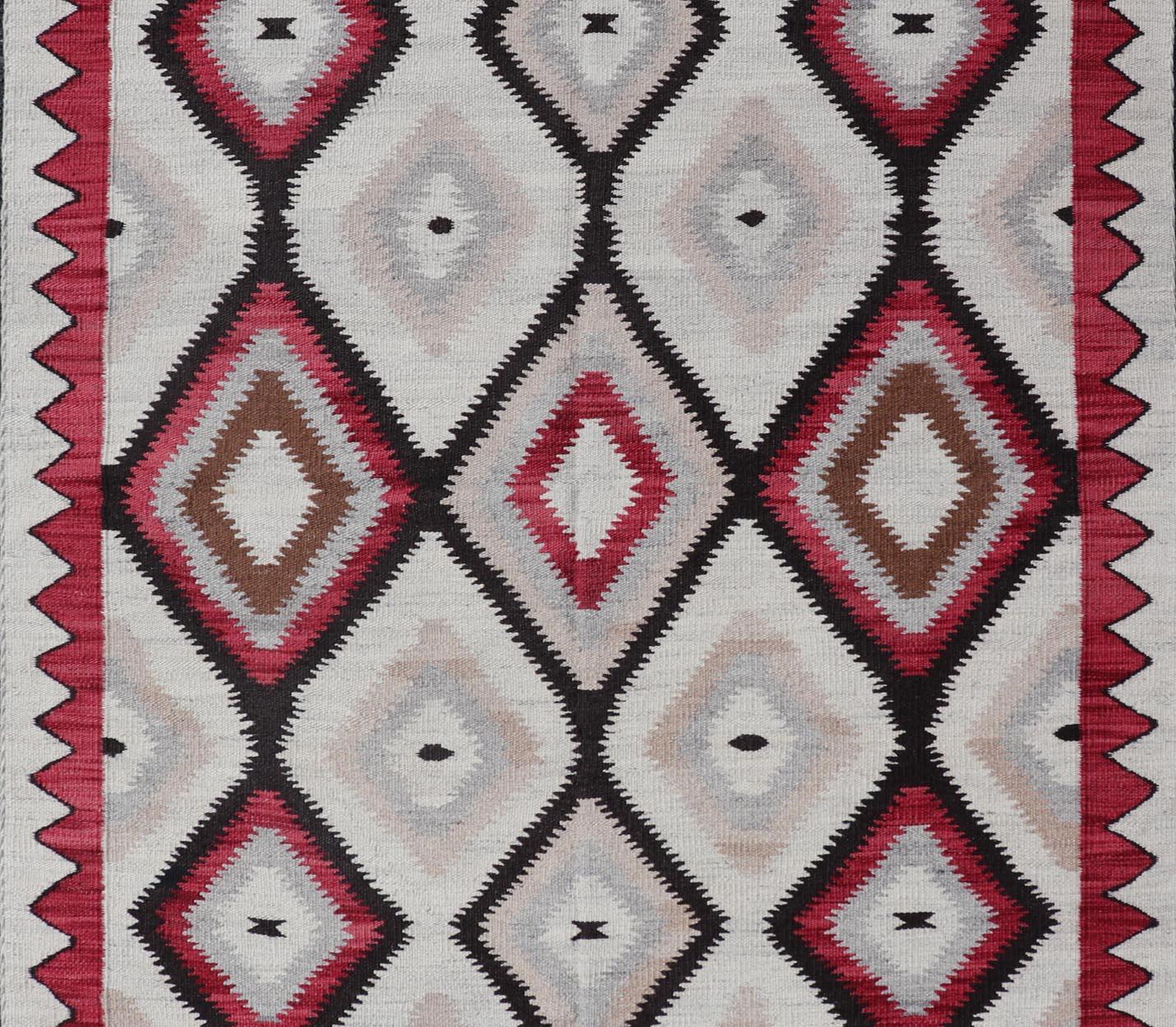 American Navajo Design Rug with Latticework Tribal Design in Red, Black and Gray For Sale 1