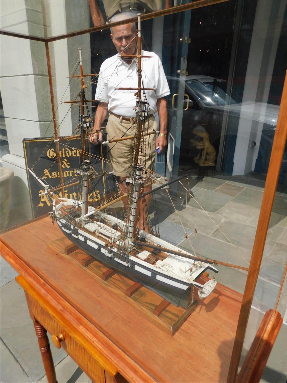 American Naval Two Masted Clipper Ship Brig Model Under Glass, US Perry 20th C. For Sale 1