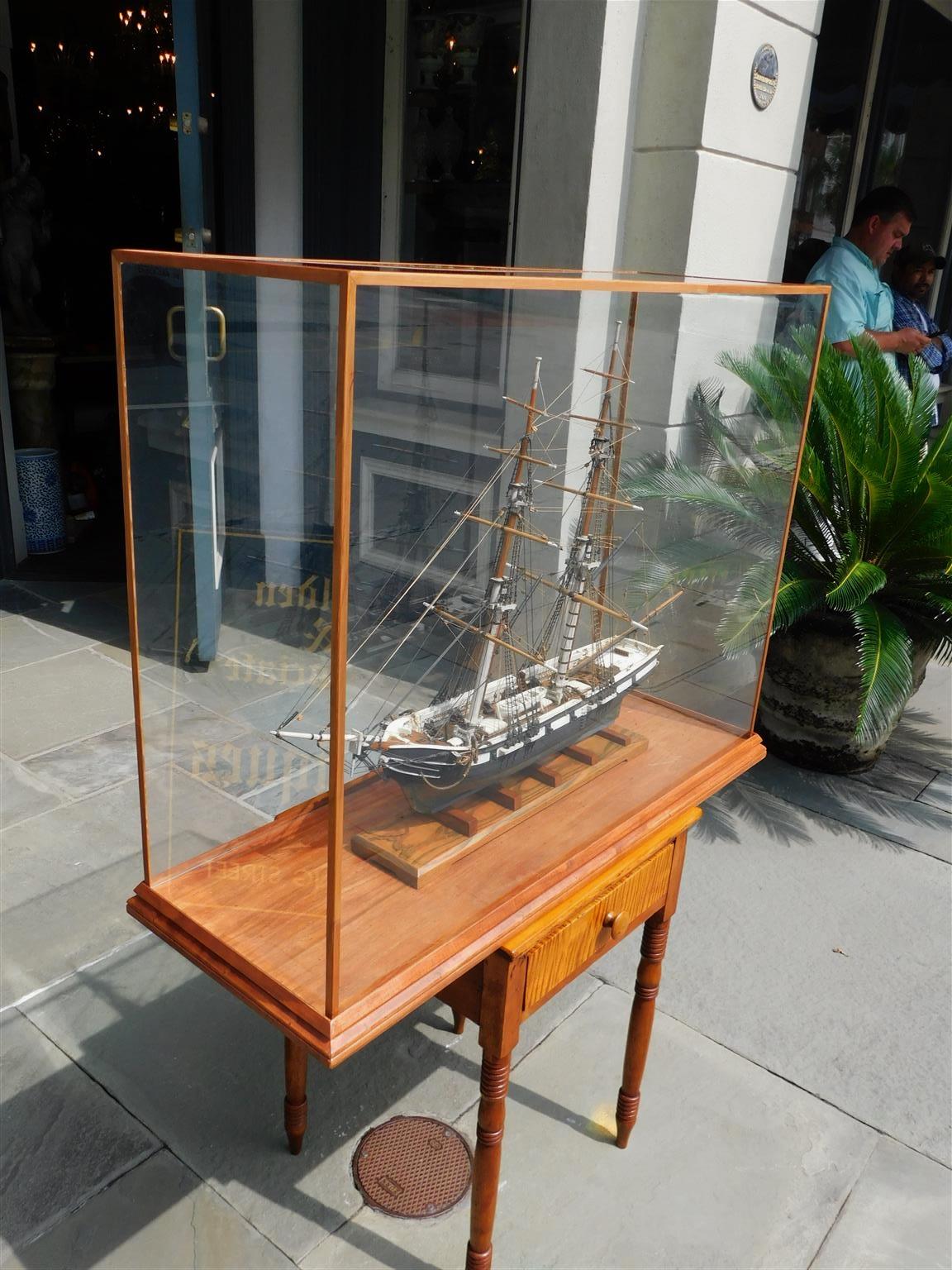 Hand-Carved American Naval Two Masted Clipper Ship Brig Model Under Glass, US Perry 20th C. For Sale
