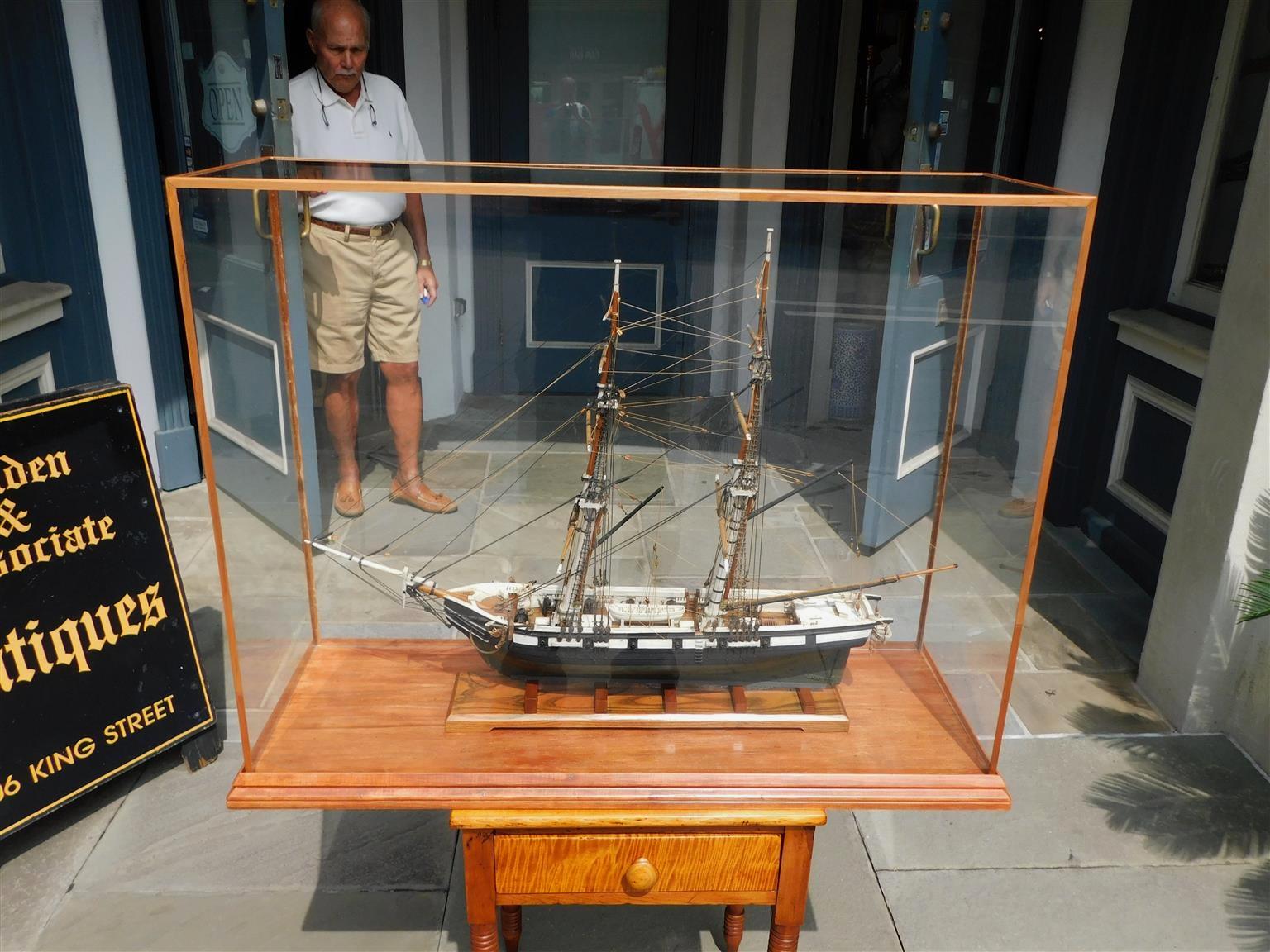 American Naval Two Masted Clipper Ship Brig Model Under Glass, US Perry 20th C. In Excellent Condition For Sale In Hollywood, SC