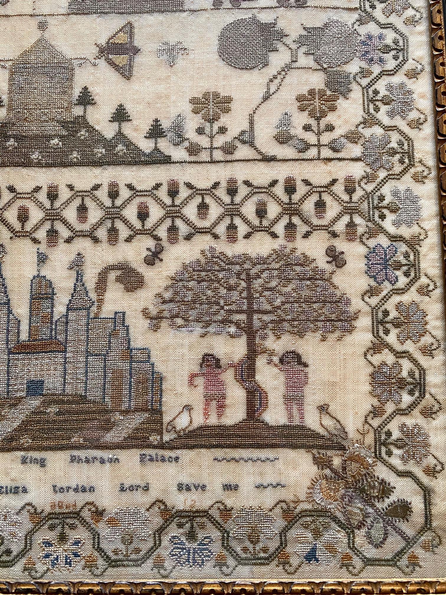 Antique American needlework sampler by Eliza Jordan, aged 12, late 18th century, a very fine and fanciful pictorial needlework sampler on linen panel featuring a great variety of animals, birds, delicate butterflies, a palace, Adam and Eve with