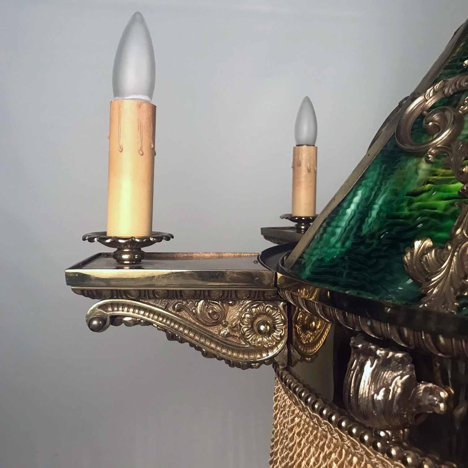 American Neo-Renaissance Gilt Bronze and Green Slag Glass Chandelier For Sale 5