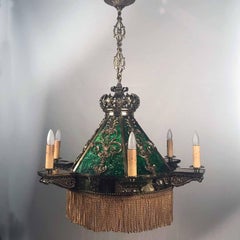 American Neo-Renaissance Gilt Bronze and Green Slag Glass Chandelier