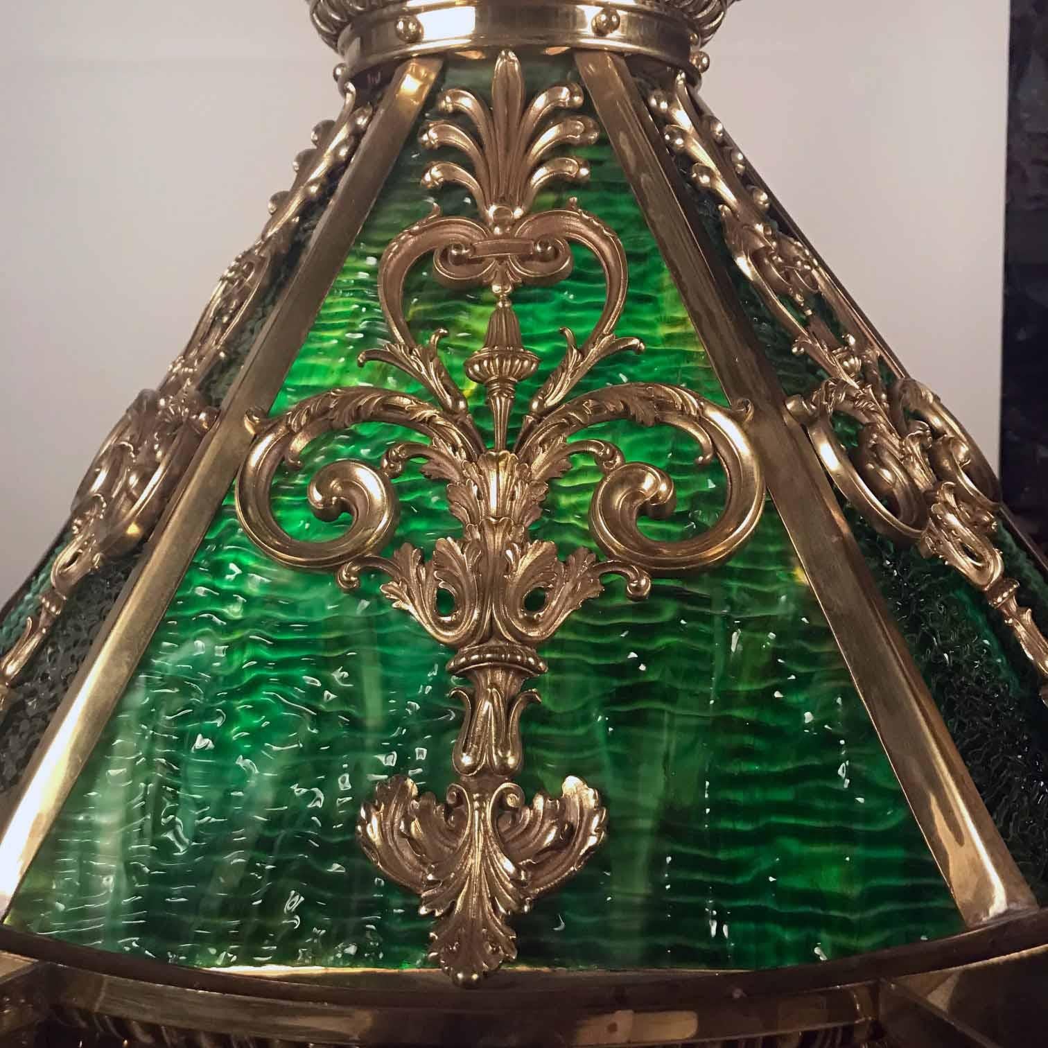 American Neo-Renaissance Gilt Bronze and Green Slag Glass Chandelier For Sale 1