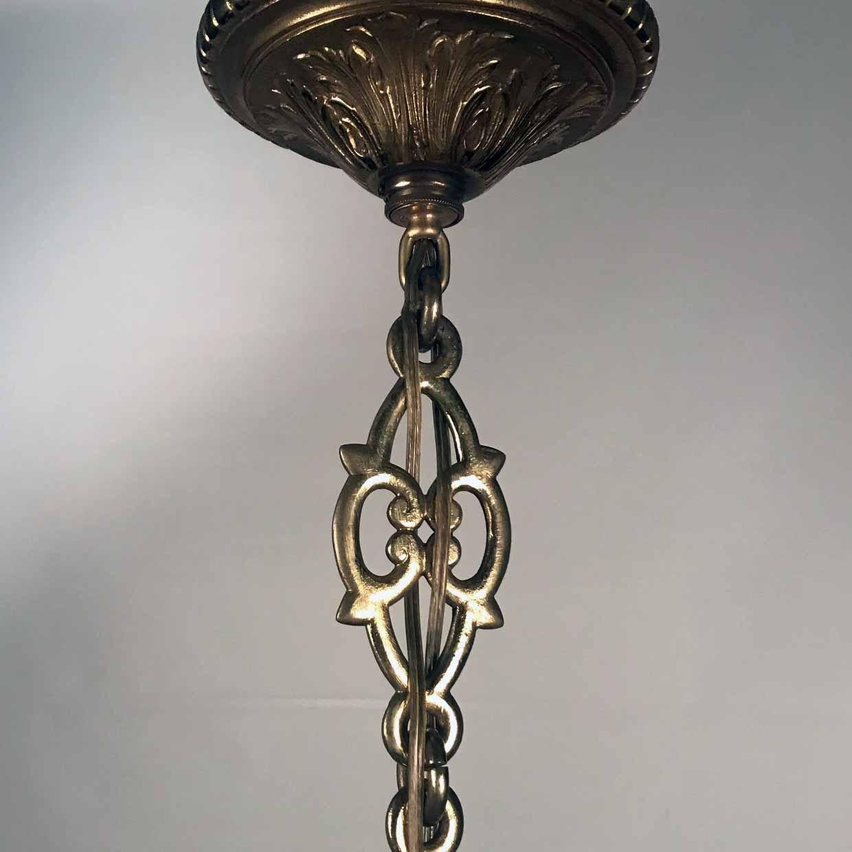 American Neo-Renaissance Gilt Bronze and Green Slag Glass Chandelier For Sale 4