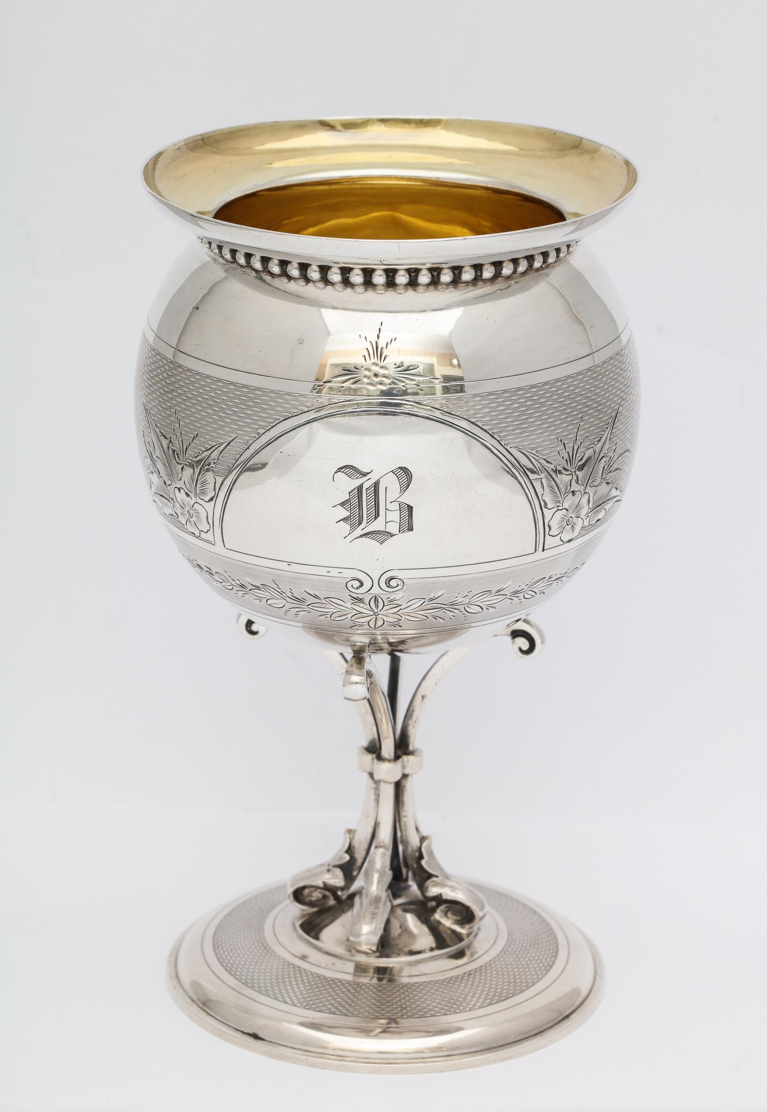 American, neoclassical coin silver vase, Gorham Mfg. Co., Providence, Rhode Island, circa 1865. Gilded interior. Applied beading under the upper rim. Monogrammed with an Old English letter B. Engine turned design. Measures 6 1/4 inches high x 3 1/2
