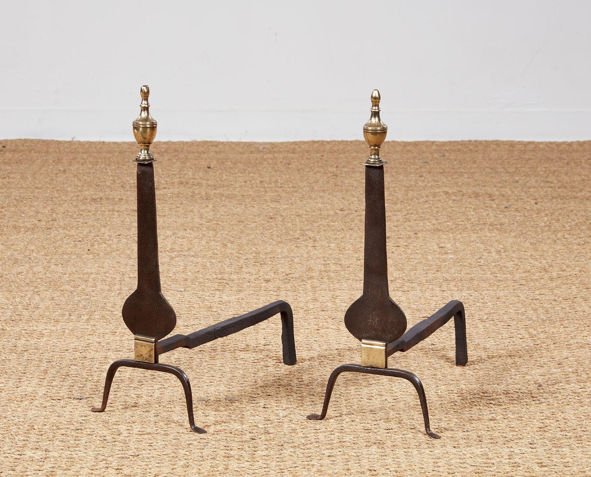 Early 19th Century American Neoclassical Iron and Brass Andirons For Sale