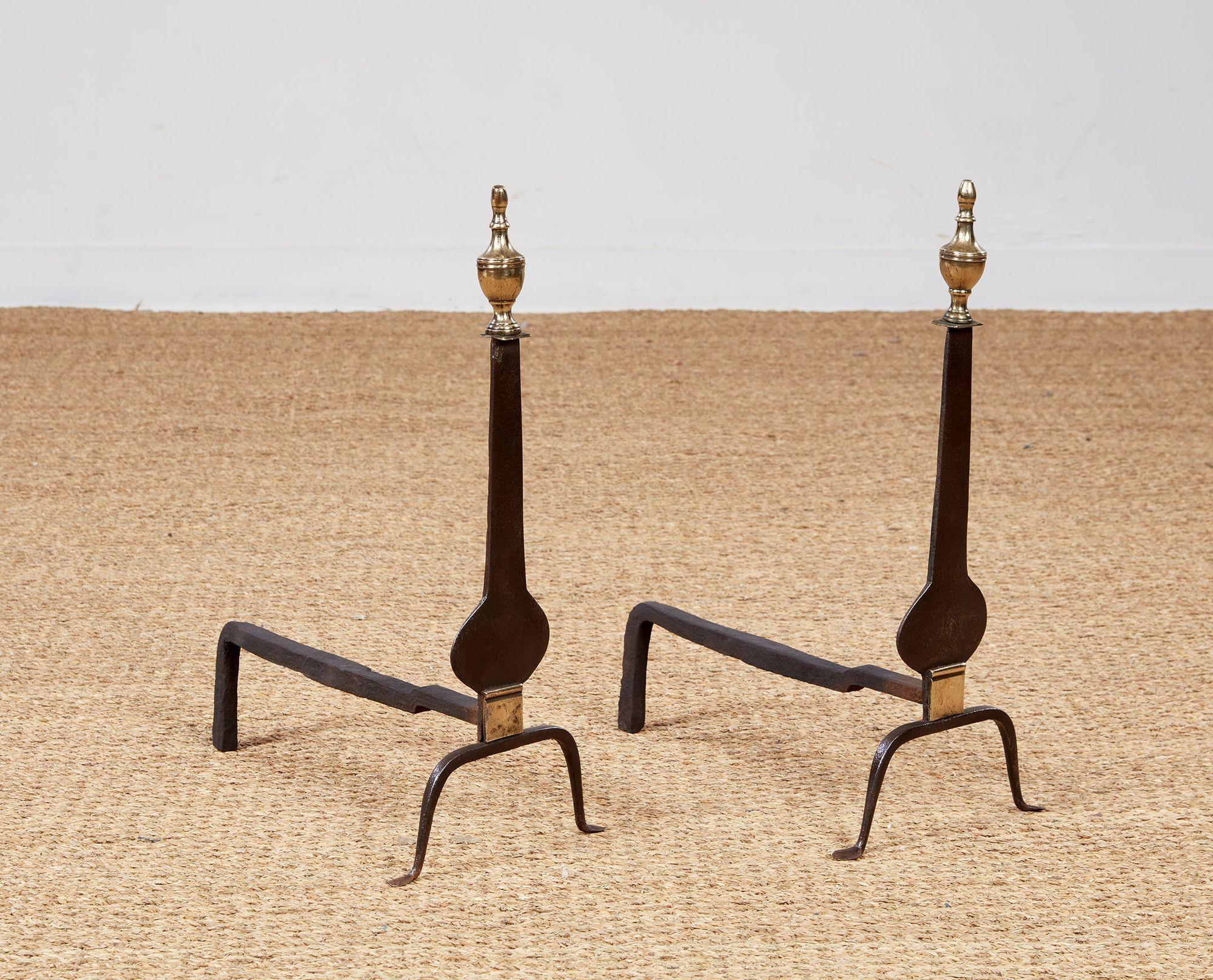 American Neoclassical Iron and Brass Andirons For Sale 1