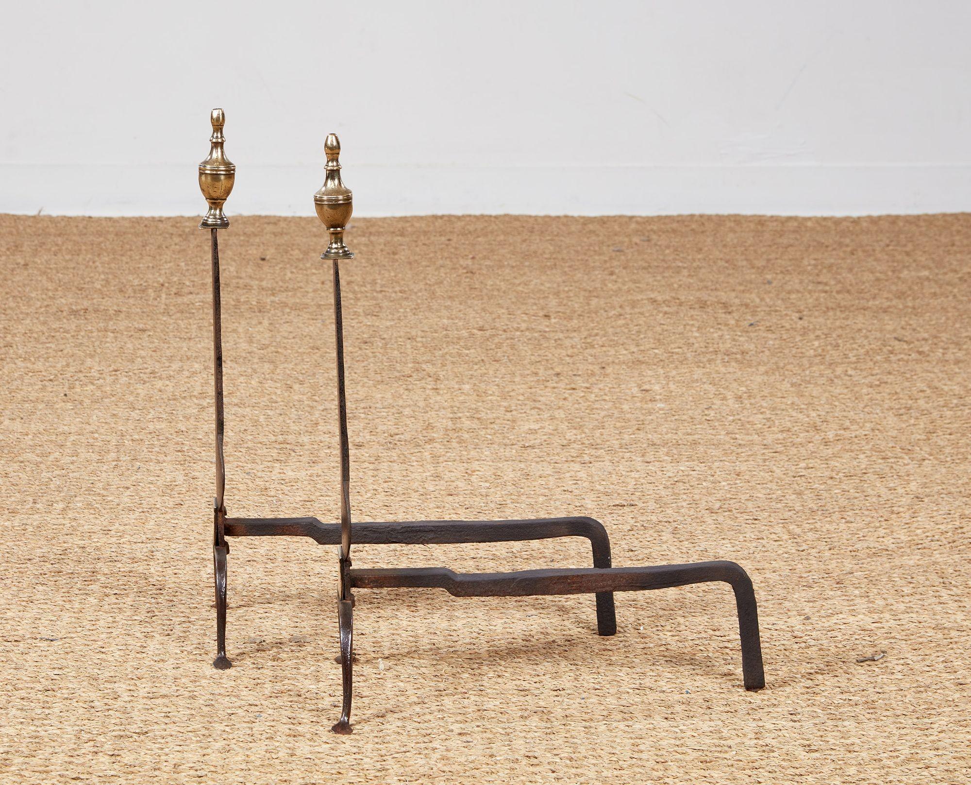 American Neoclassical Iron and Brass Andirons For Sale 2