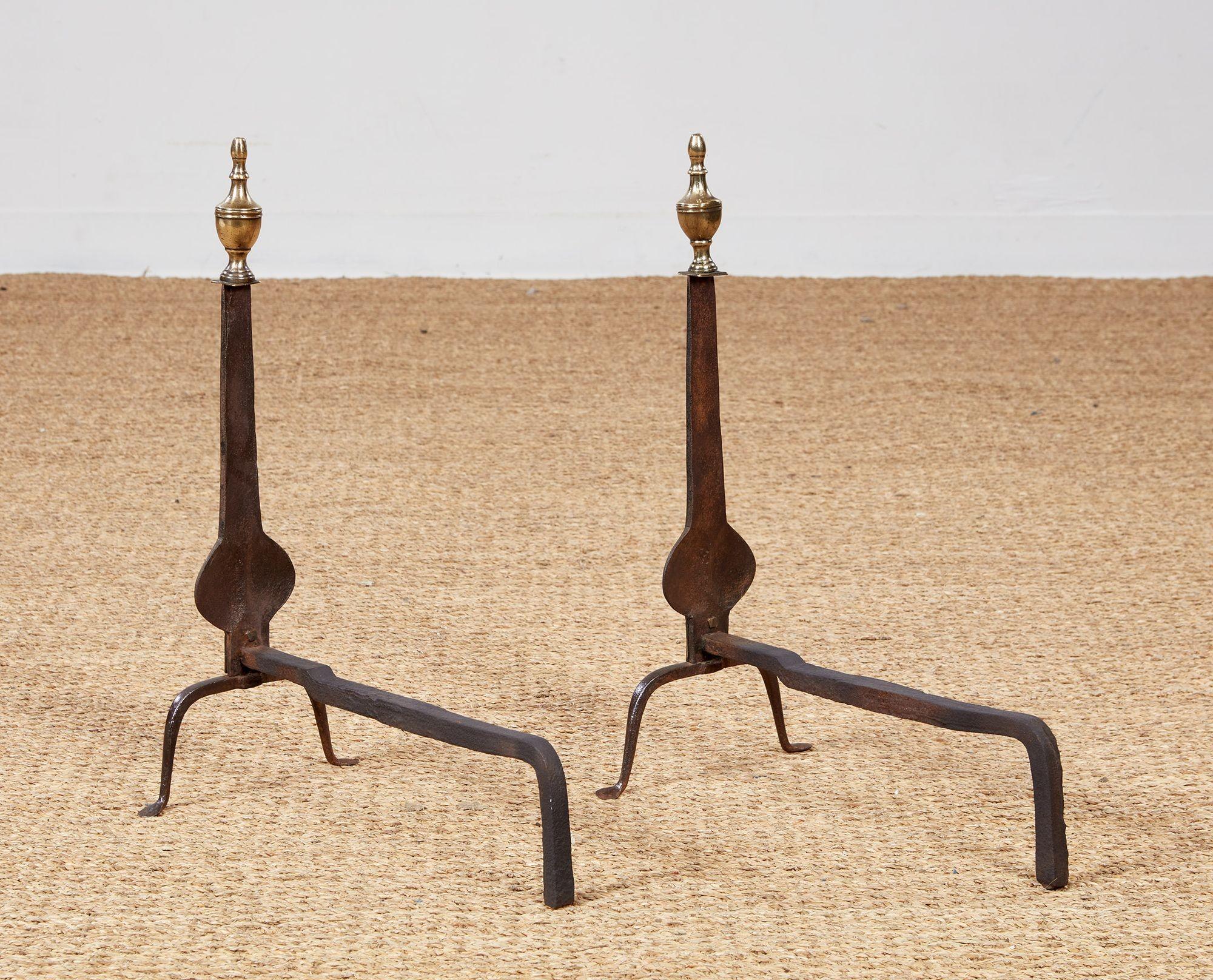 American Neoclassical Iron and Brass Andirons For Sale 4