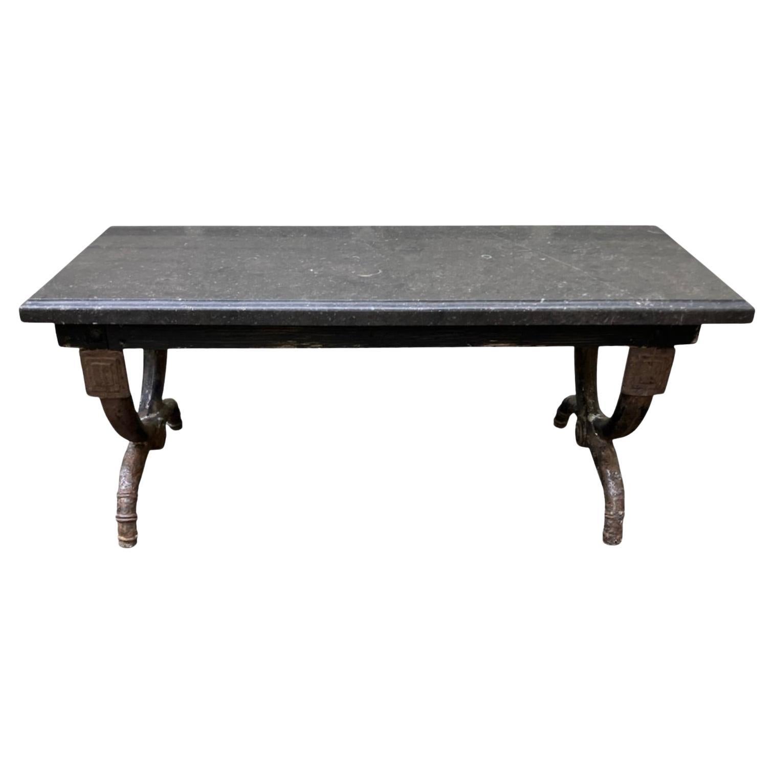 American Neoclassical Iron and Marble Bench For Sale