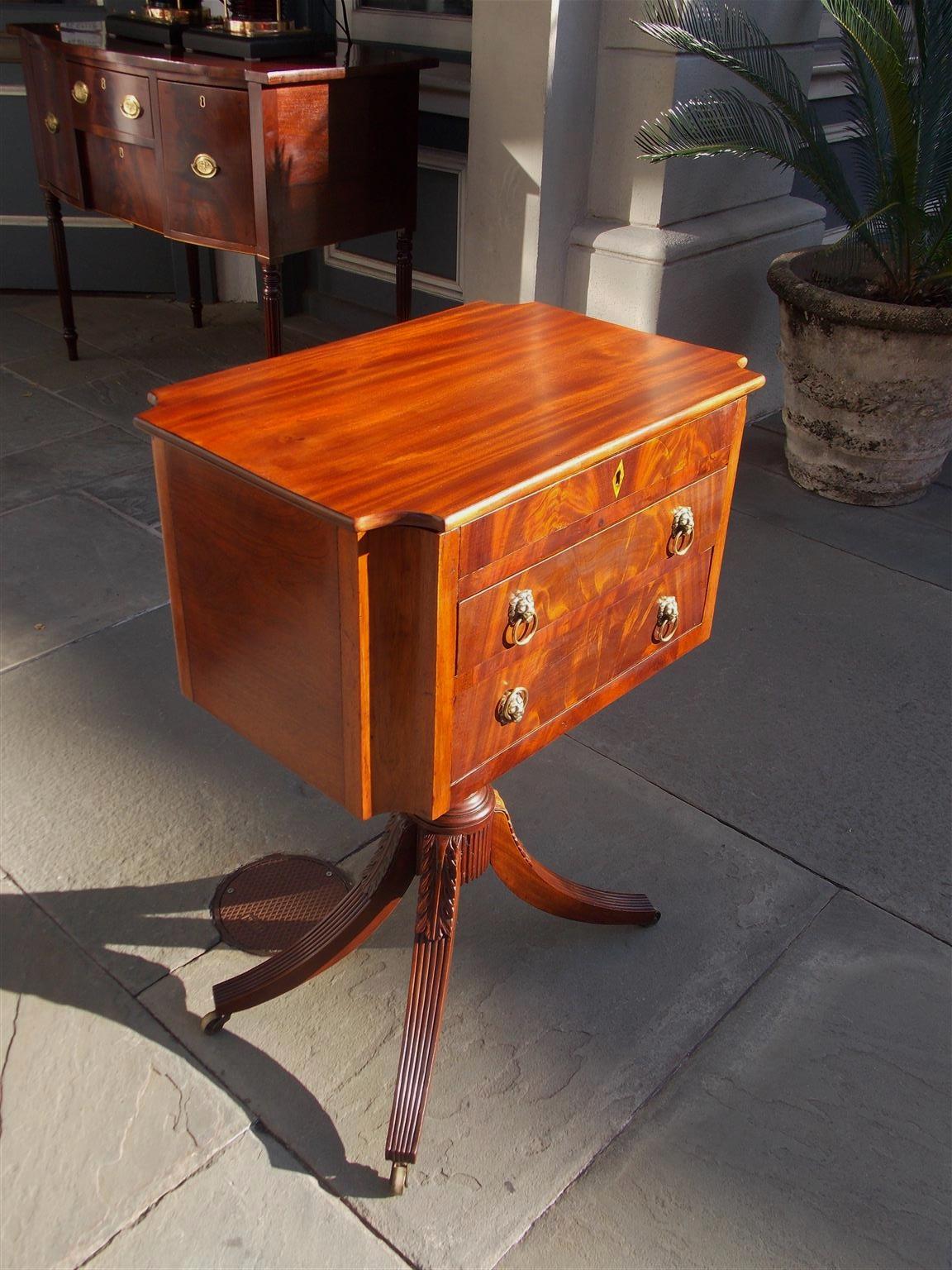 Hand-Carved American Neoclassical Mahogany Work Table with Brass Casters, Phyfe, Circa 1815 For Sale