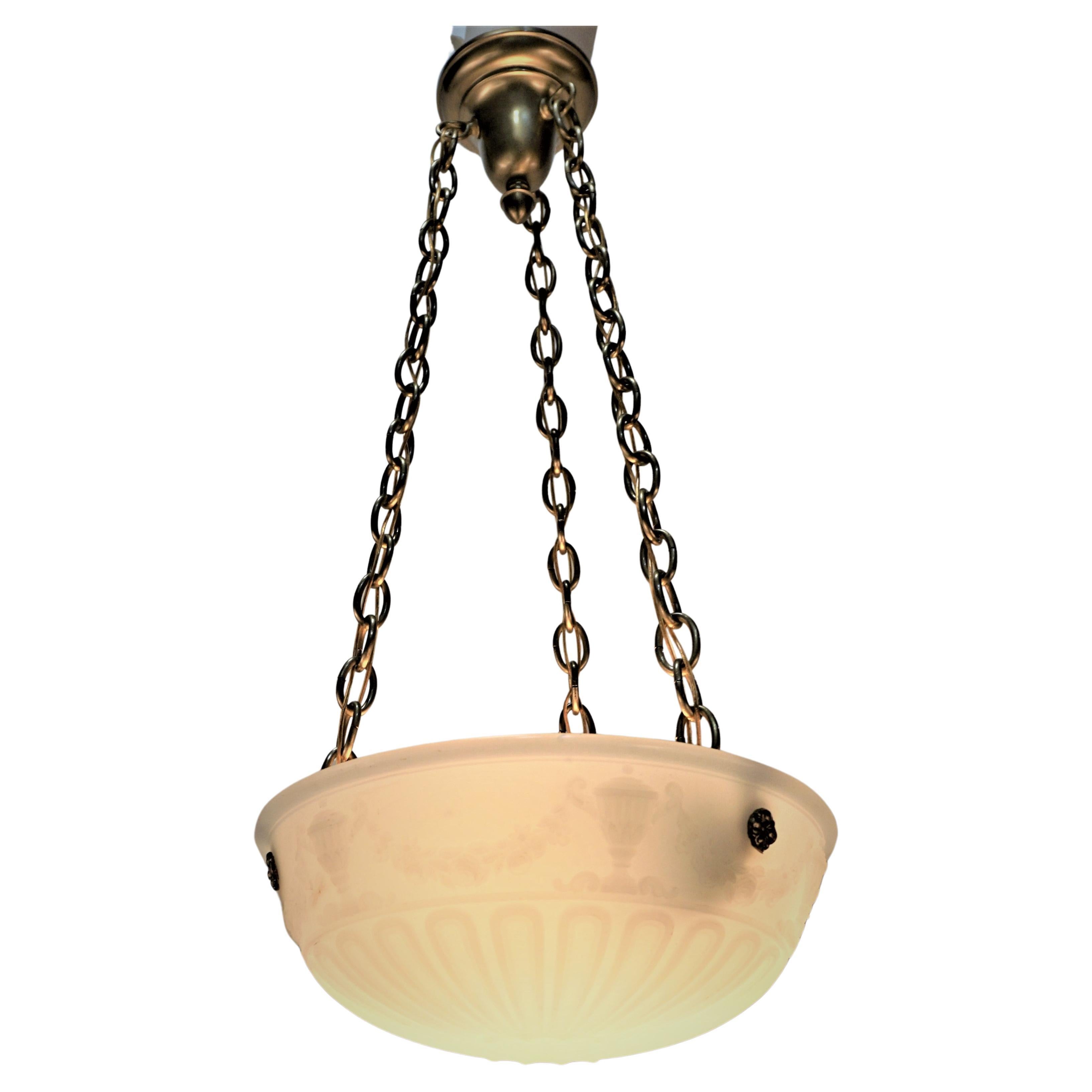 American Neoclassical Style Glass and Brass Chandelier  For Sale