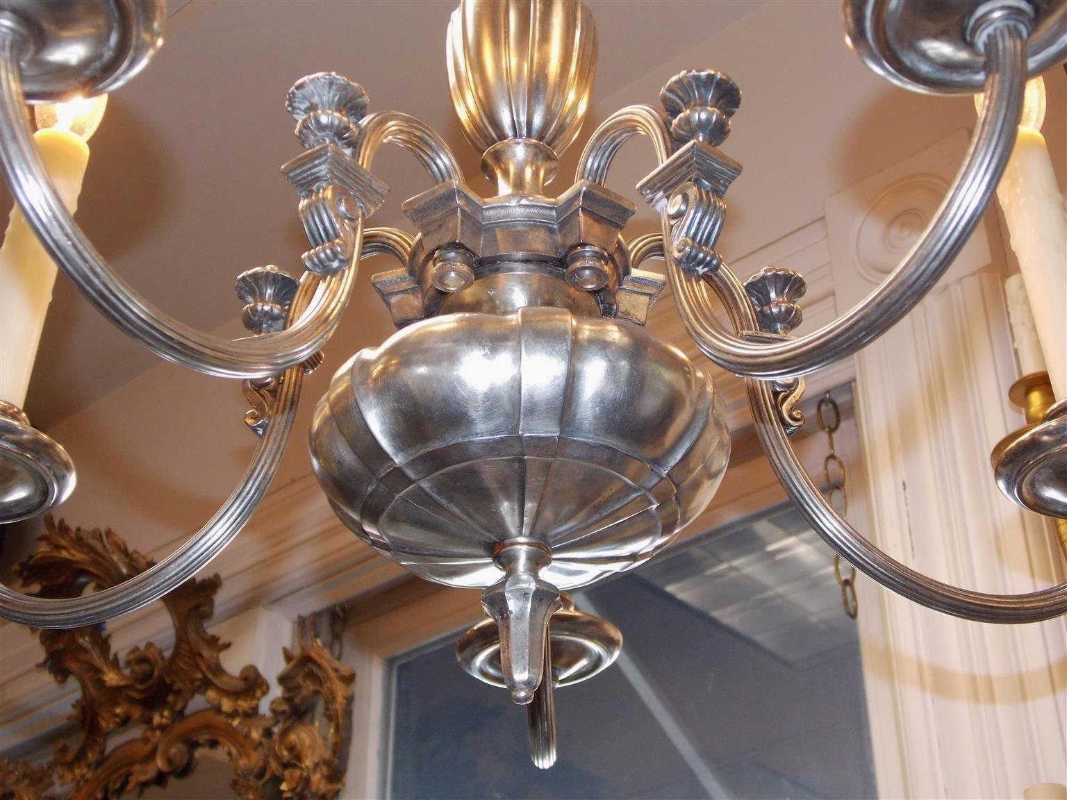 American Empire American Nickel Silver Fluted Urn and Corbel Five Light Chandelier, Circa 1870