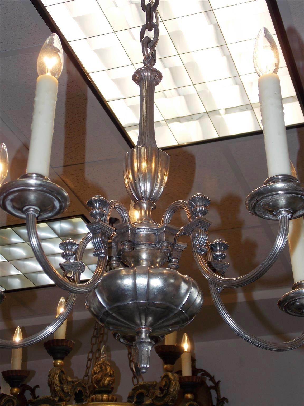 Cast American Nickel Silver Fluted Urn and Corbel Five Light Chandelier, Circa 1870