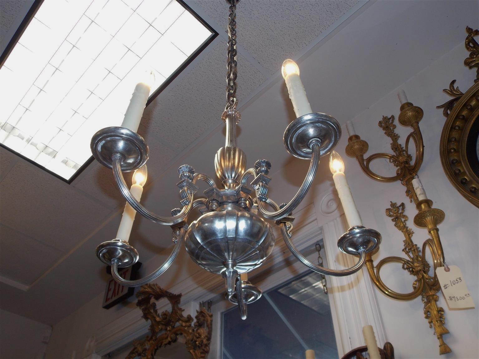 American Nickel Silver Fluted Urn and Corbel Five Light Chandelier, Circa 1870 In Excellent Condition In Hollywood, SC