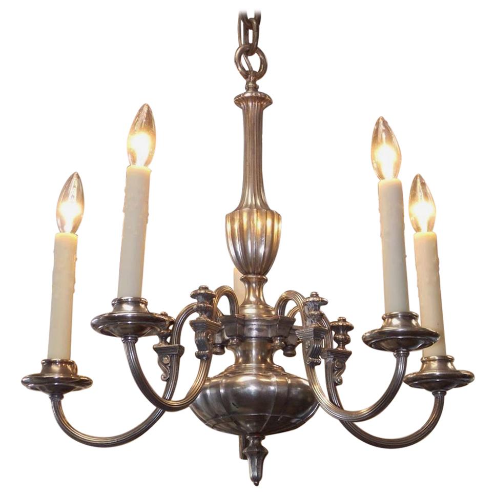 American Nickel Silver Fluted Urn and Corbel Five Light Chandelier, Circa 1870