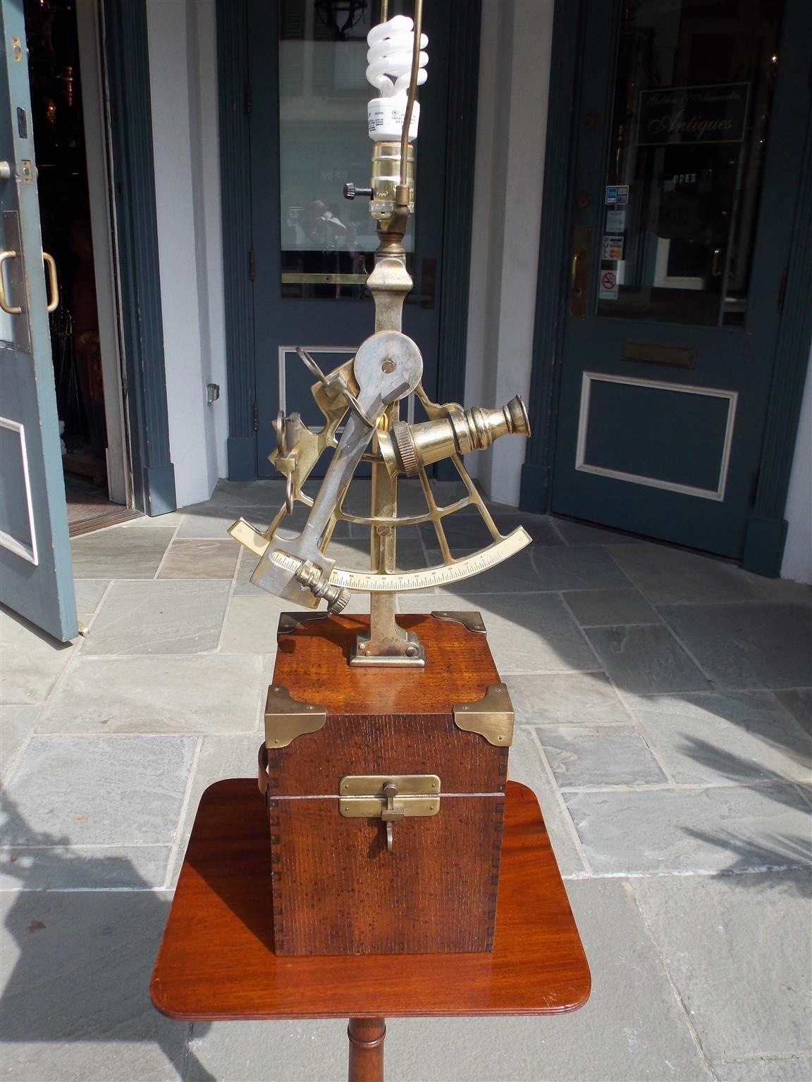 American Empire American Oak and Brass Nautical Sexton Table Lamp Mounted on Box, Circa 1880