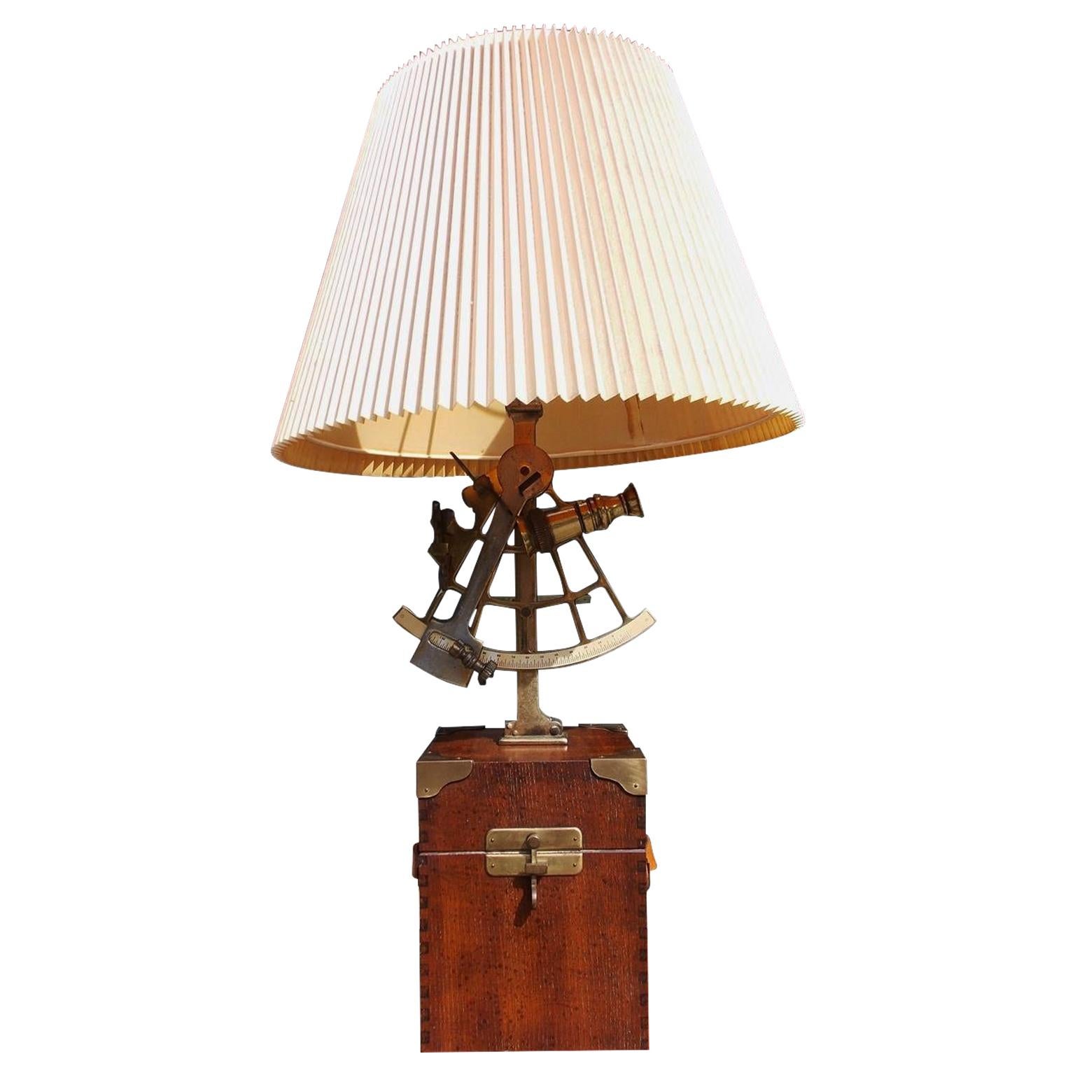 American Oak and Brass Nautical Sexton Table Lamp Mounted on Box