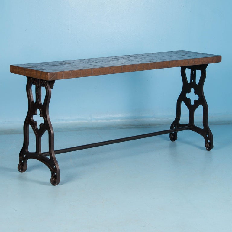 American Oak Console Table with Antique Industrial Cast Iron Legs at
