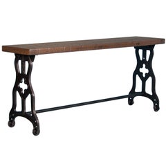 American Oak Console Table with Antique Industrial Cast Iron Legs