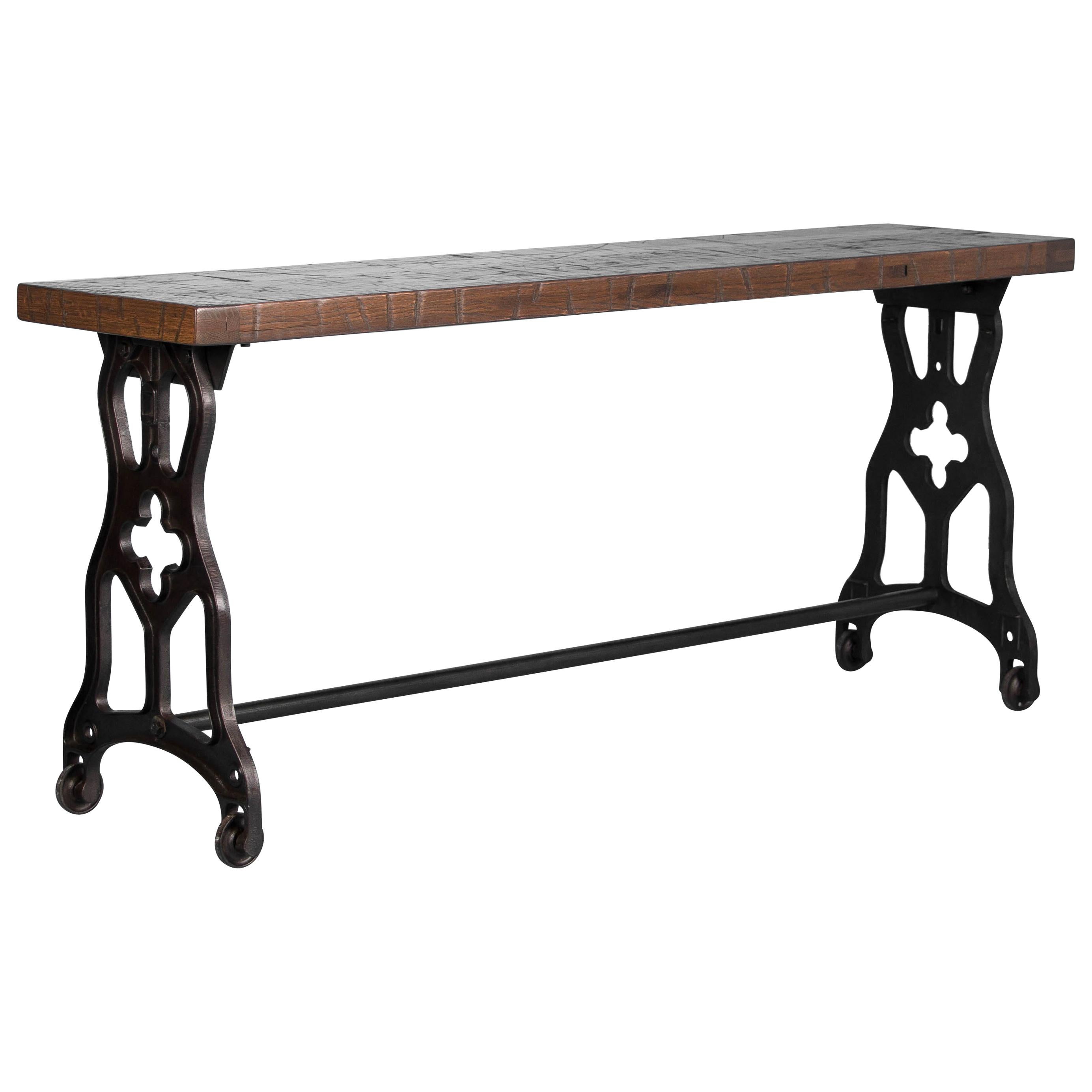 American Oak Console Table with Antique Industrial Cast Iron Legs